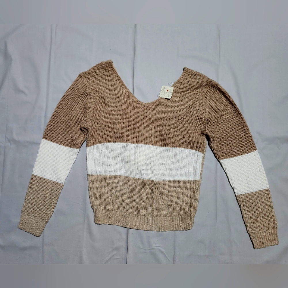 Poof apparel size S Beige and white stripped sweater